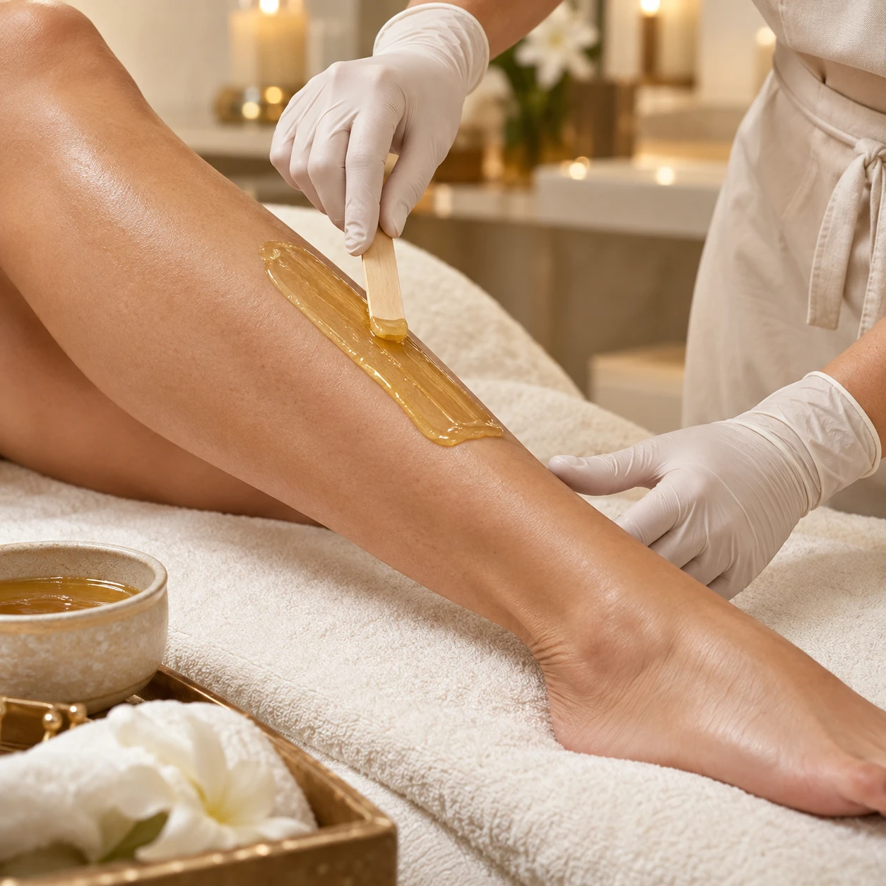 Illustrative professional leg waxing with visible wax application